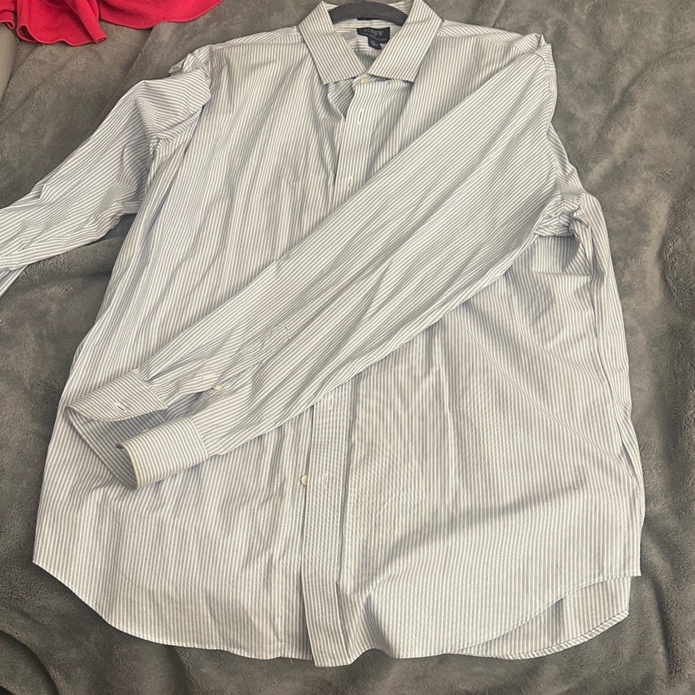 J. Crew Men's White and Blue Pinstripe Shirt - XL